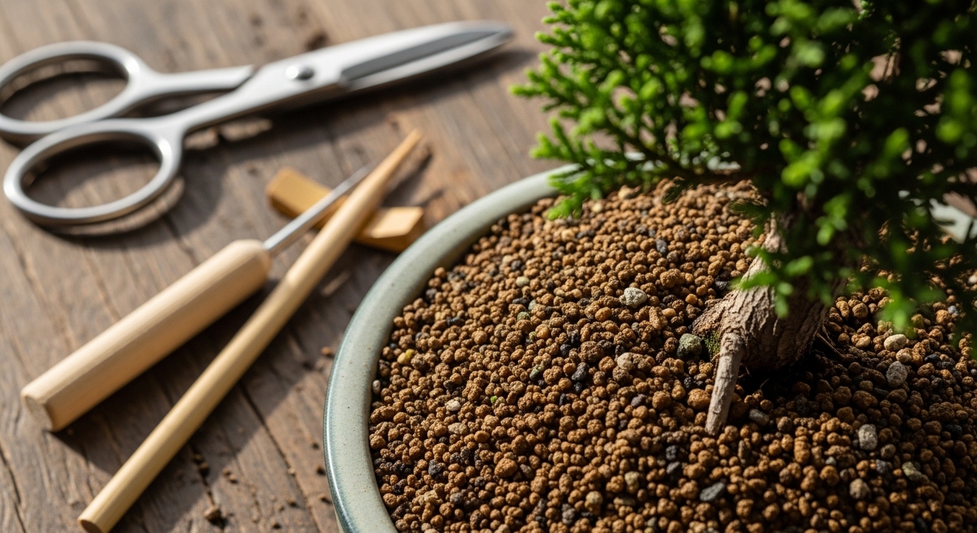 A top-down view of a freshly repotted juniper bonsai in a ceramic pot, resting on a rustic wood surface with soil, scissors, and a chopstick nearby.