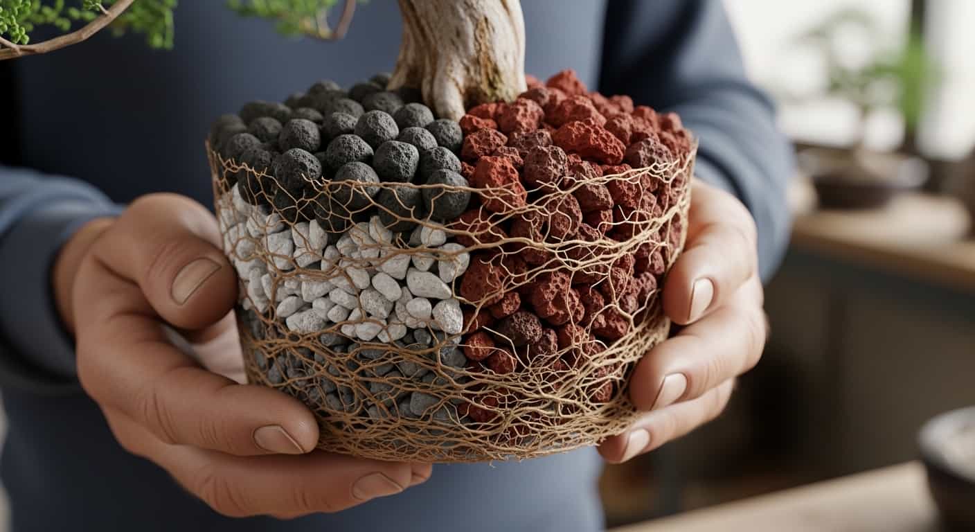 Close-up of bonsai roots intertwined with akadama, pumice, and lava rock substrate in a gardener's hands.