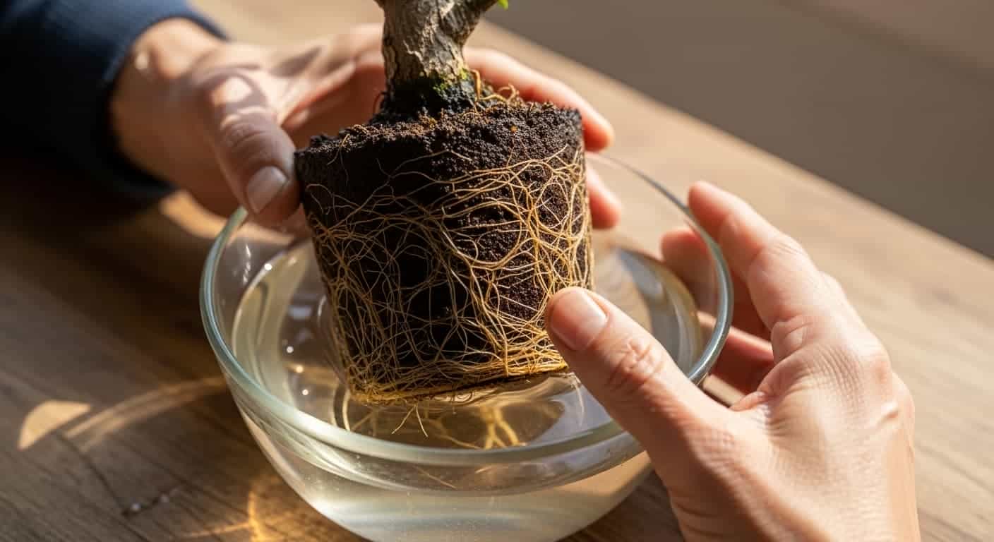 close-up of bonsai tree roots submerged in water during underwater root trimming procedure