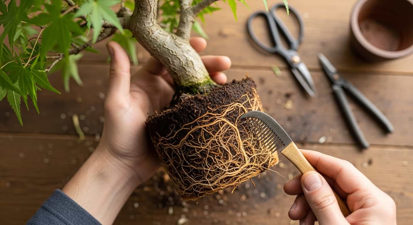 Close up of root pruning a Japanese maple bonsai in spring, showing a gardener's hands combing out the root ball with a wooden tool.