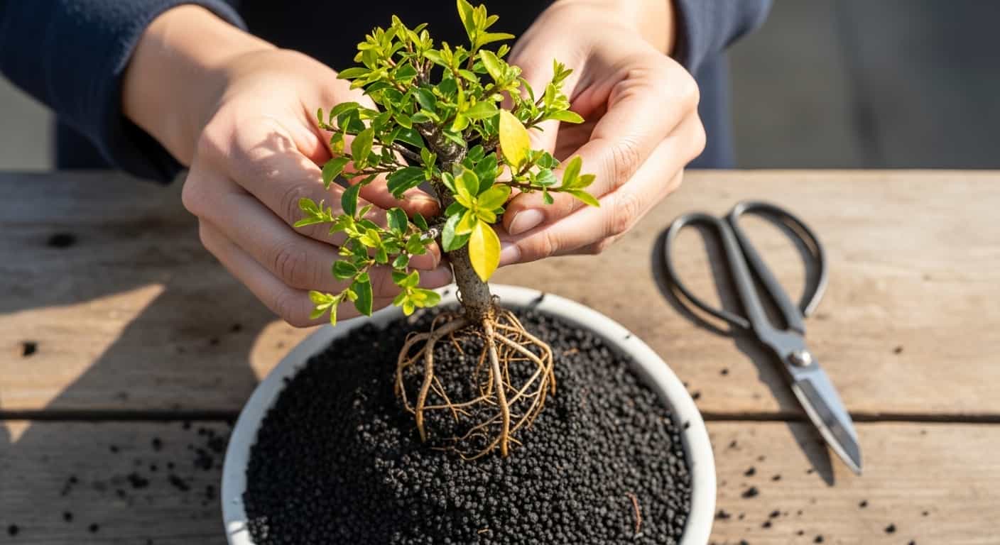 Close-up of hands repotting a bonsai tree with fresh soil and pruning shears, showing some yellowing leaves as a natural stress response after root pruning.