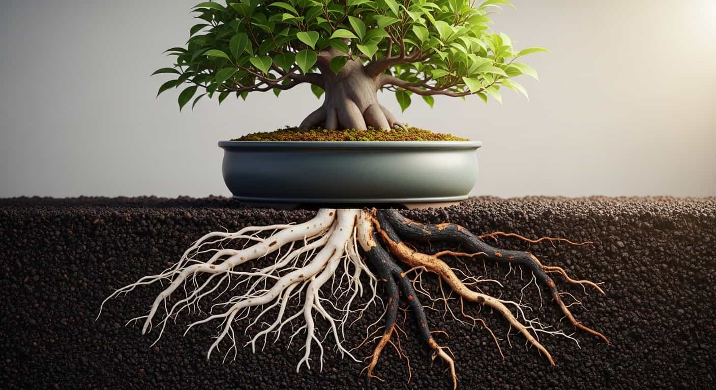Split view diagram showing healthy versus rotting roots in ficus bonsai with visible root rot symptoms below soil surface