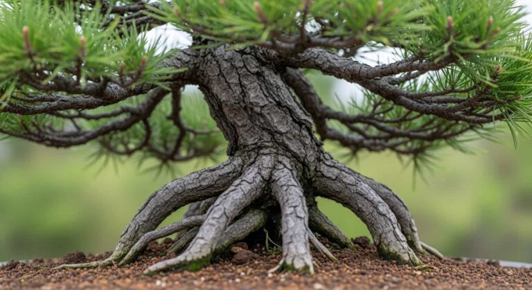 Hyper-realistic photo of a mature Japanese Black Pine bonsai, showcasing its powerful radial nebari and textured bark, with well-draining soil visible, against a soft green background.