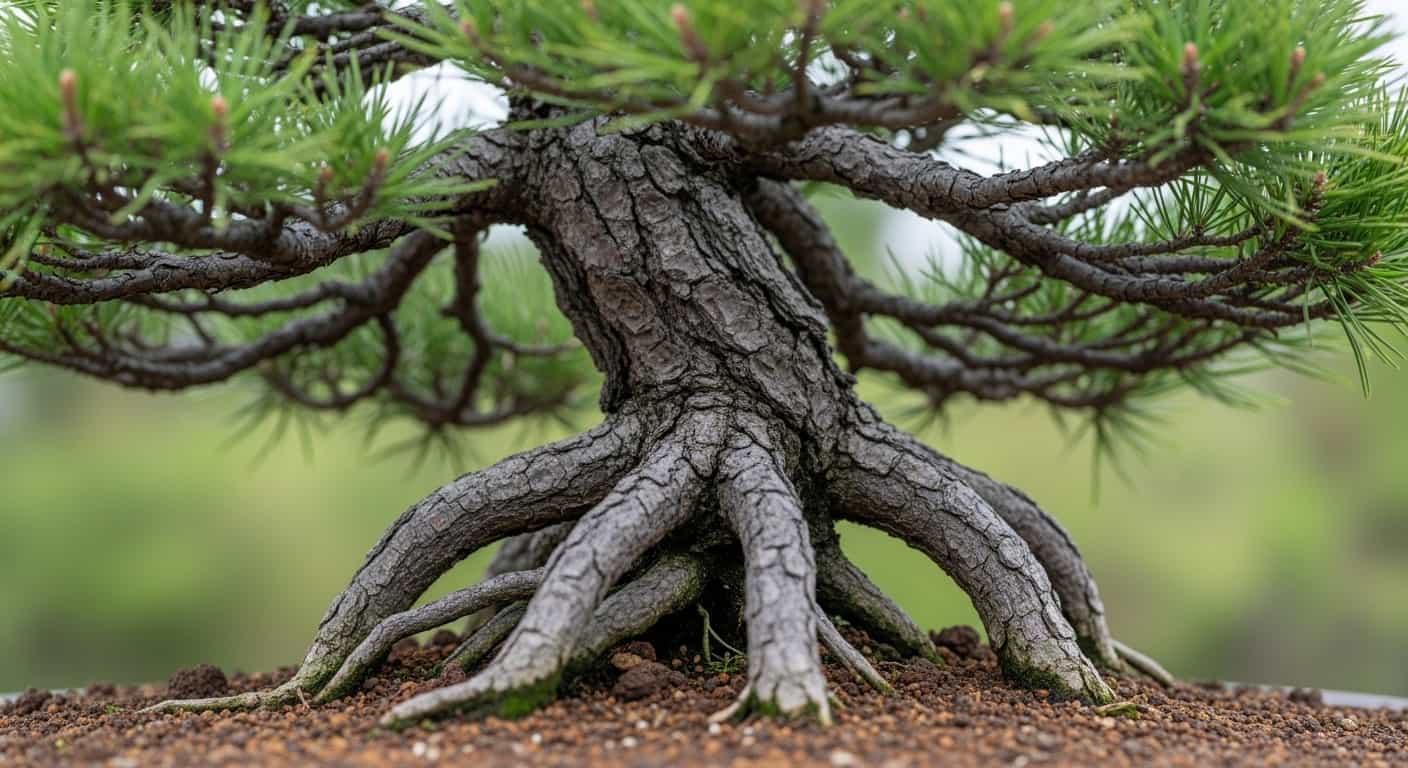 Hyper-realistic photo of a mature Japanese Black Pine bonsai, showcasing its powerful radial nebari and textured bark, with well-draining soil visible, against a soft green background.