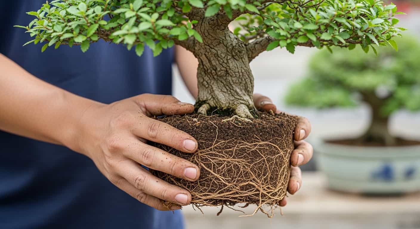 A person holding a Chinese Elm bonsai tree with an exposed root ball during the root washing process, with its ceramic pot in the background.