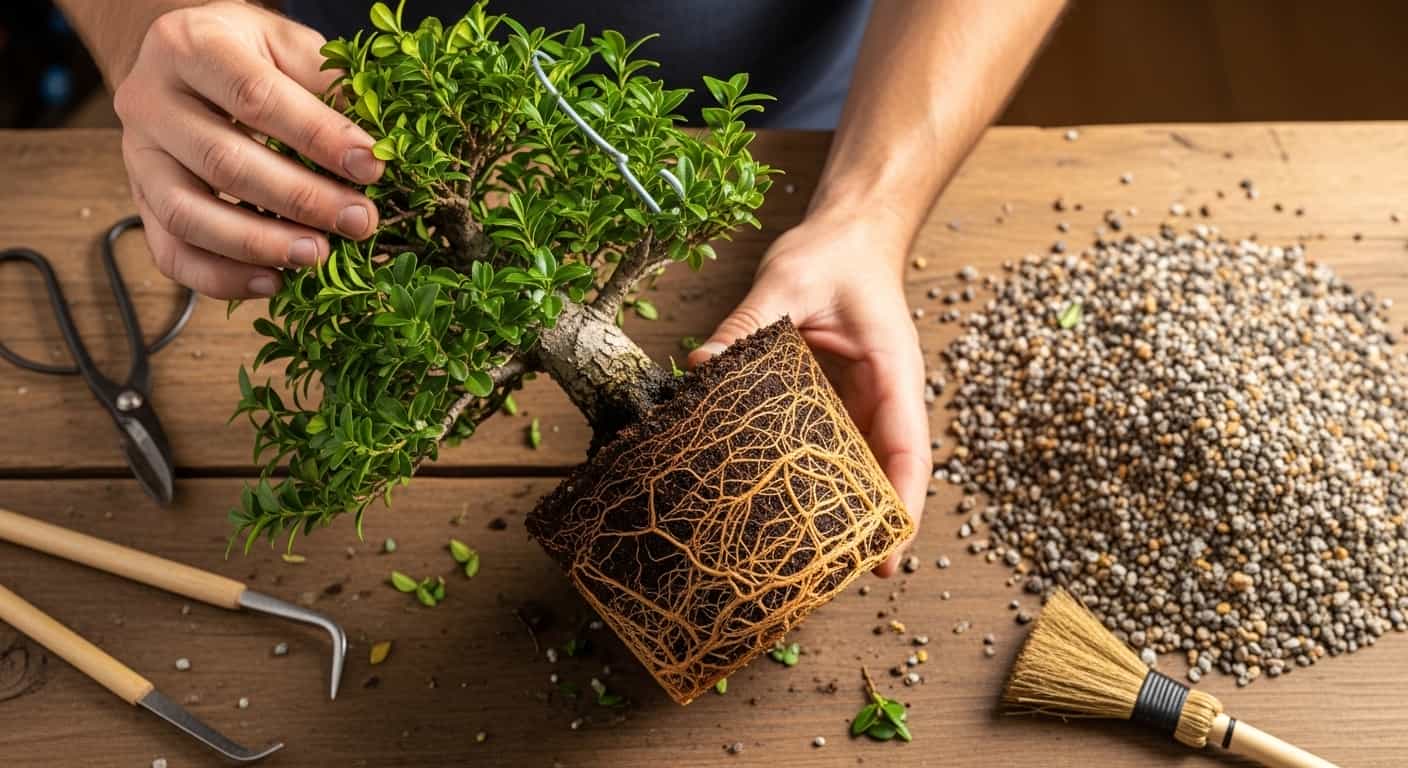 Close-up of hands holding a boxwood bonsai with washed roots, surrounded by bonsai soil and tools on a wooden table, preparing for repotting.
