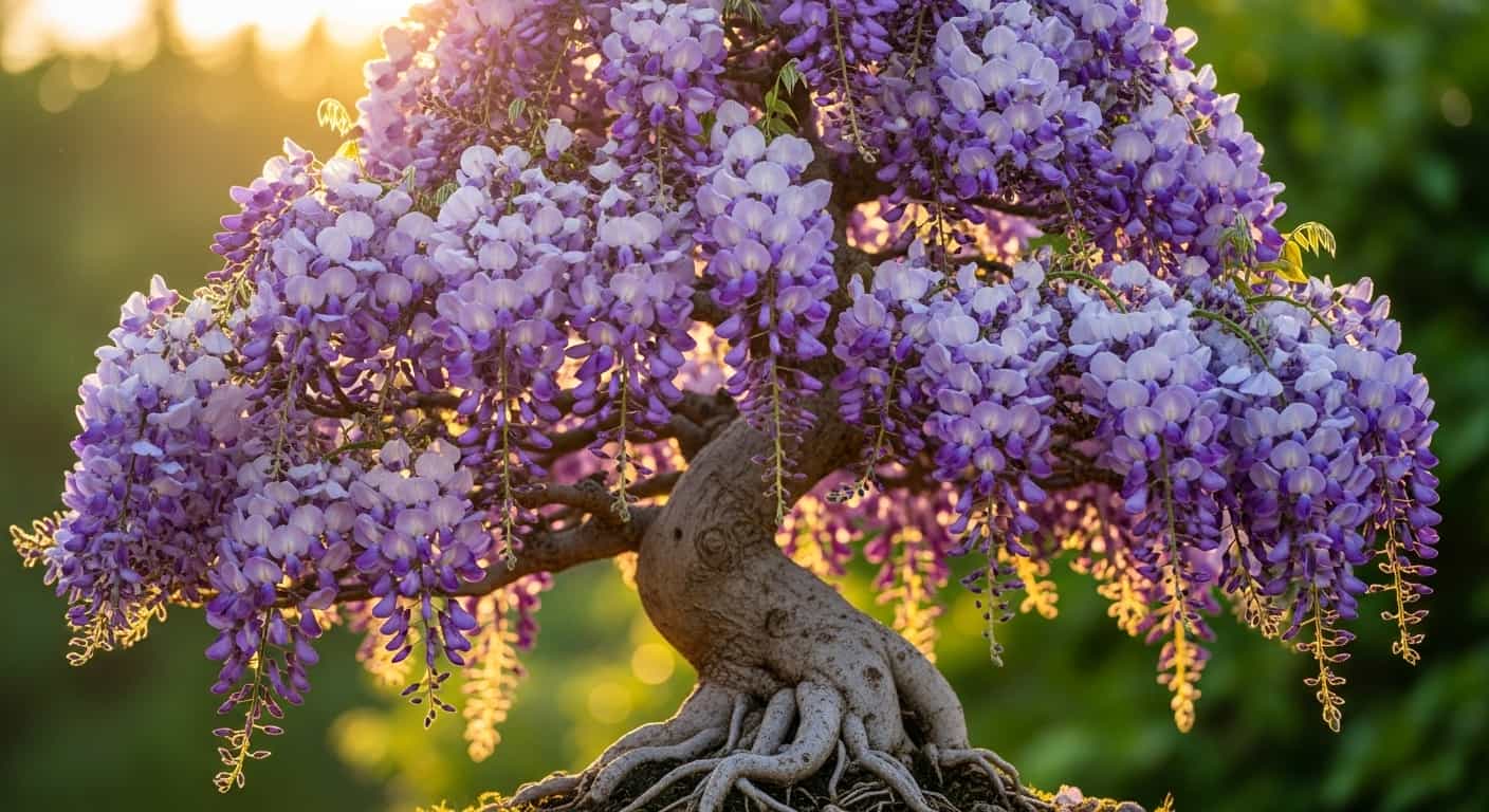 A stunning wisteria bonsai tree in full purple bloom, showcasing cascading flowers, a twisted trunk, and nebari against a soft, blurred background.