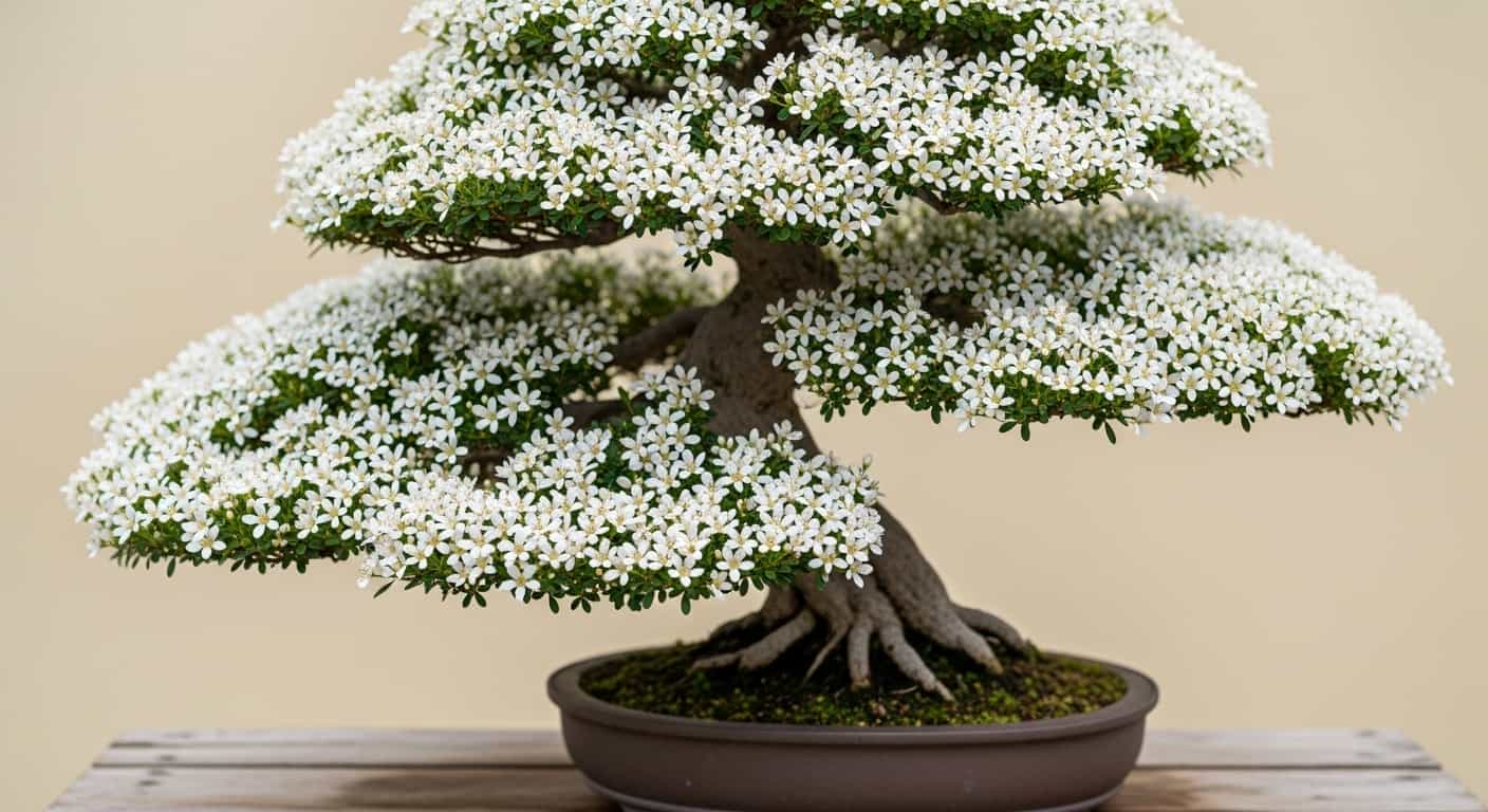 Featured image of a mature Serissa bonsai tree, known as the Tree of a Thousand Stars, in full bloom with delicate white flowers and intricate branching.