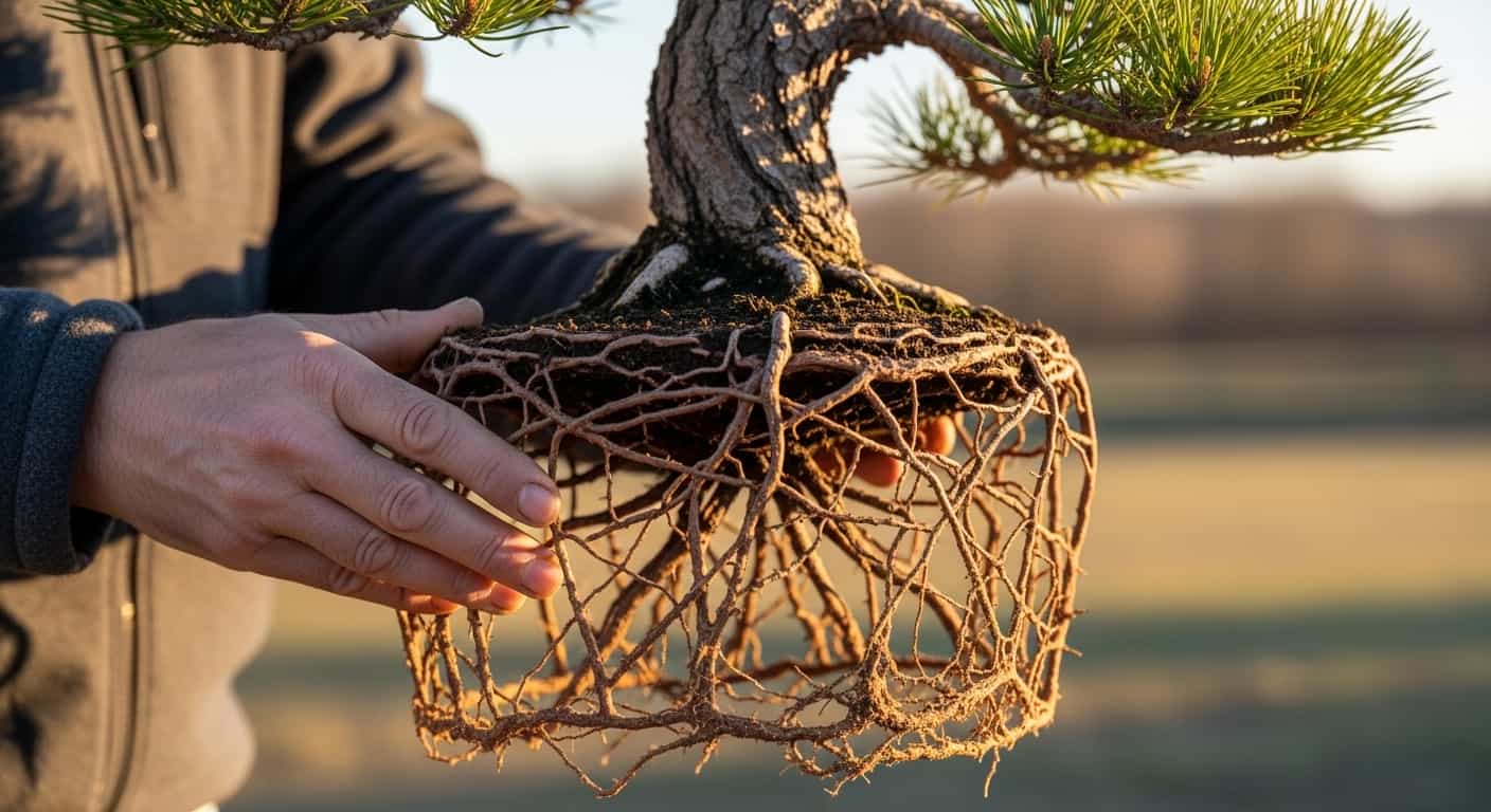 Mature pine bonsai tree with exposed radial root system (nebari) in ceramic pot, close-up of weathered hands demonstrating proper root structure for bonsai cultivation