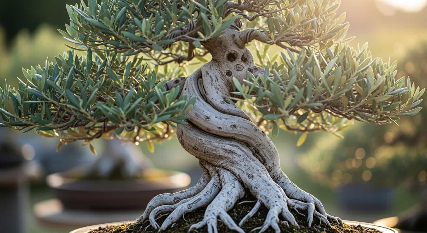 Ancient olive bonsai tree with gnarled silver trunk and exposed nebari roots in rustic ceramic pot, showcasing Mediterranean character for bonsai cultivation