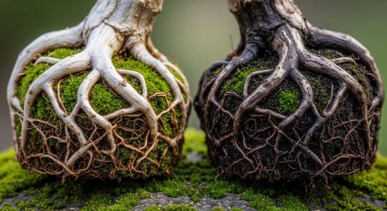 A split view of a bonsai tree's root system showing healthy white roots versus dark rotting roots from root rot disease.