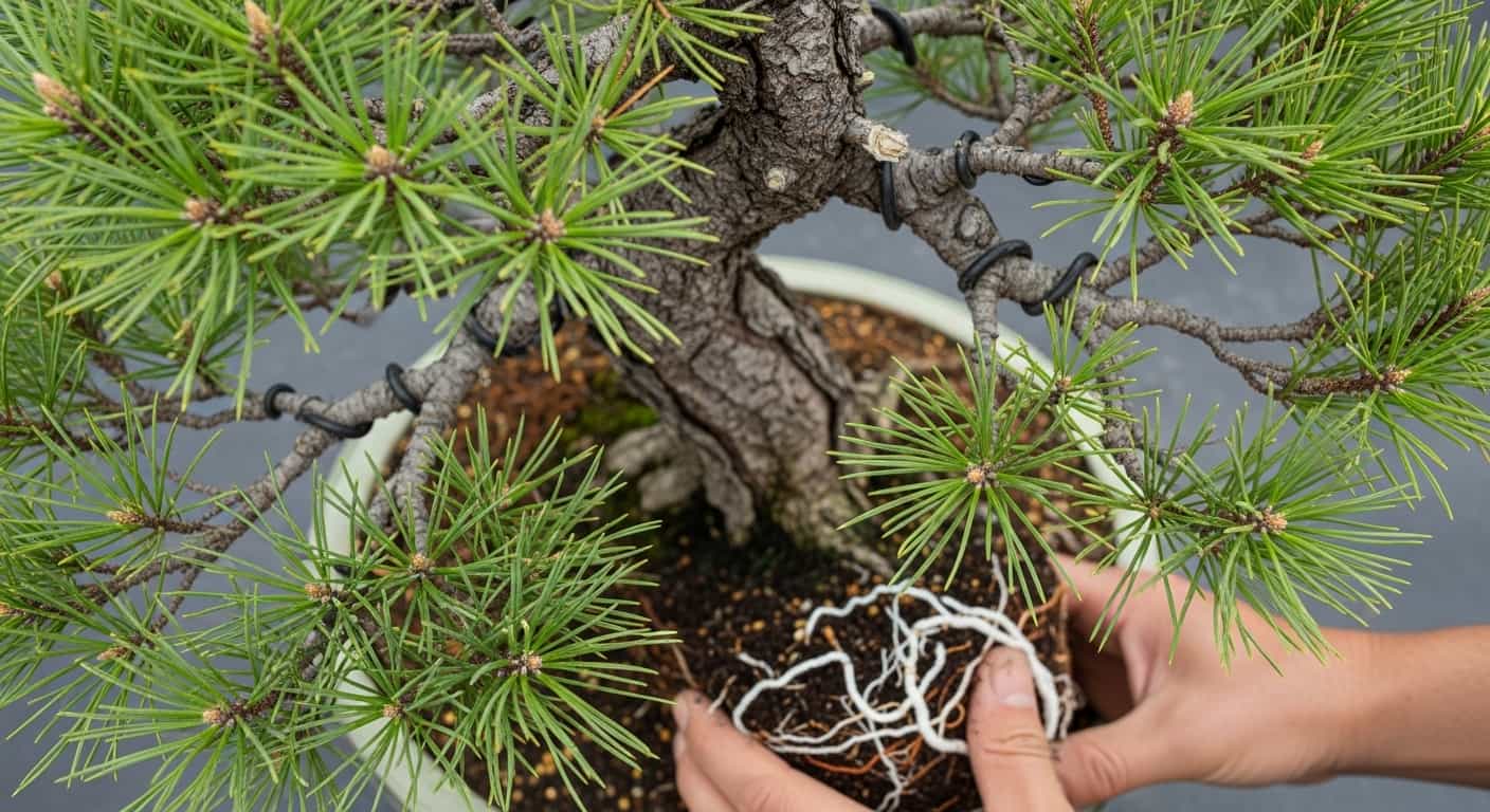 Close-up of a gardener's hands holding the root ball of a Japanese Black Pine bonsai, showcasing the healthy soil and white mycorrhizal fungi before root washing.