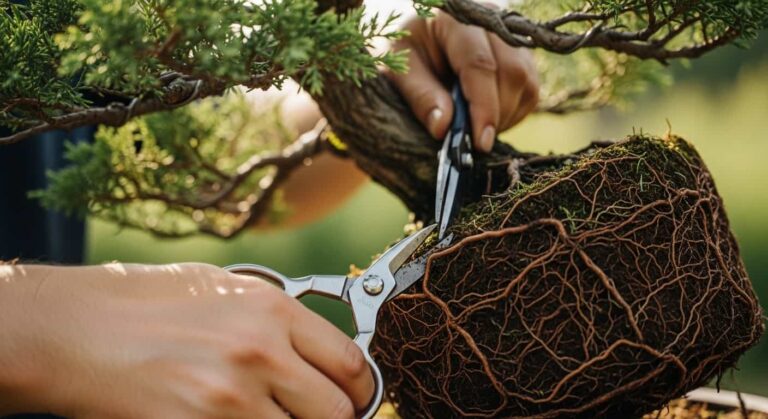 A bonsai artist's hands using precision root scissors to carefully prune the root ball of a large juniper bonsai during a repotting session, with the tree's foliage softly blurred in the background.