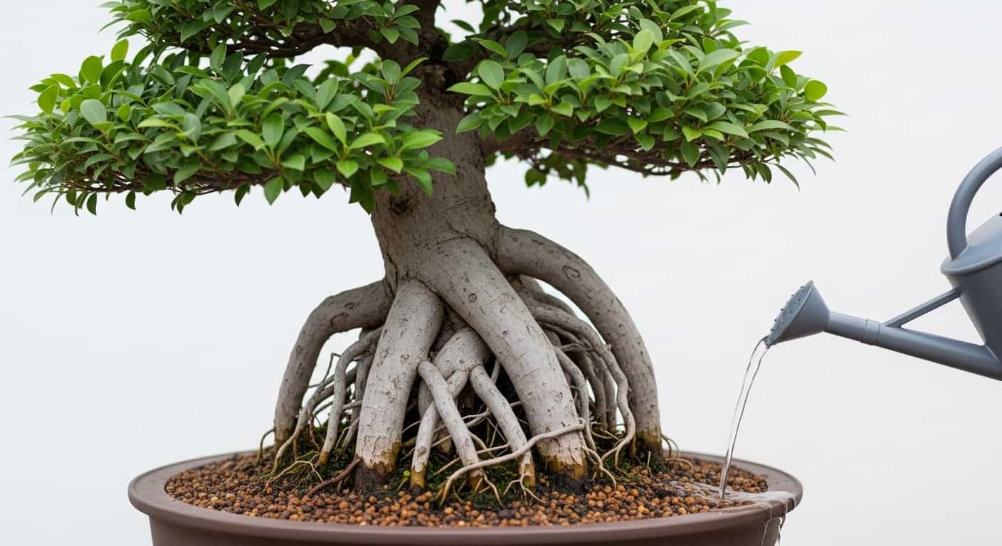 Close-up of a healthy Ficus bonsai tree showcasing its exposed nebari surface roots, with a watering can gently watering the base.