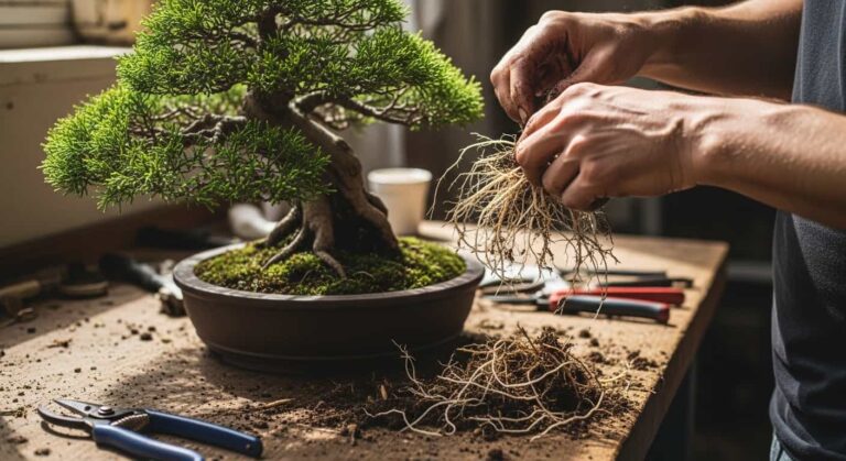 Close-up of bonsai tree root pruning with secateurs and healthy white roots on a workbench.