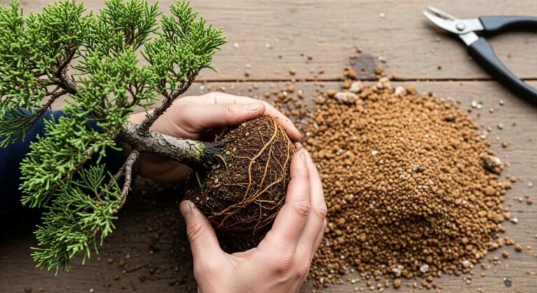 Close-up shot of a bonsai tree being repotted, showing healthy white roots against fresh granular soil, with weathered hands carefully positioning the tree.