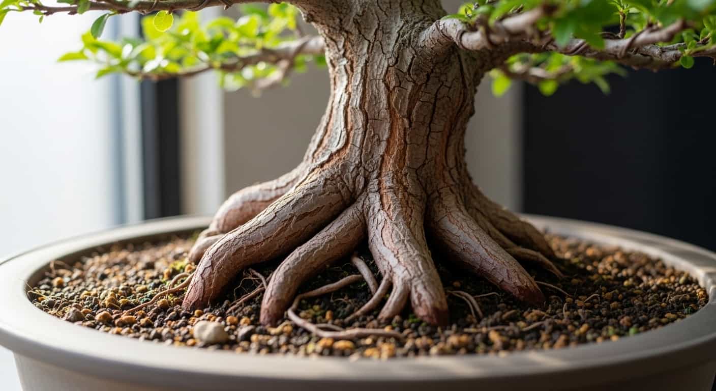 A hyper-realistic close-up of a healthy Chinese Elm bonsai tree, showcasing its dramatic flared nebari and vibrant green foliage in a shallow pot.