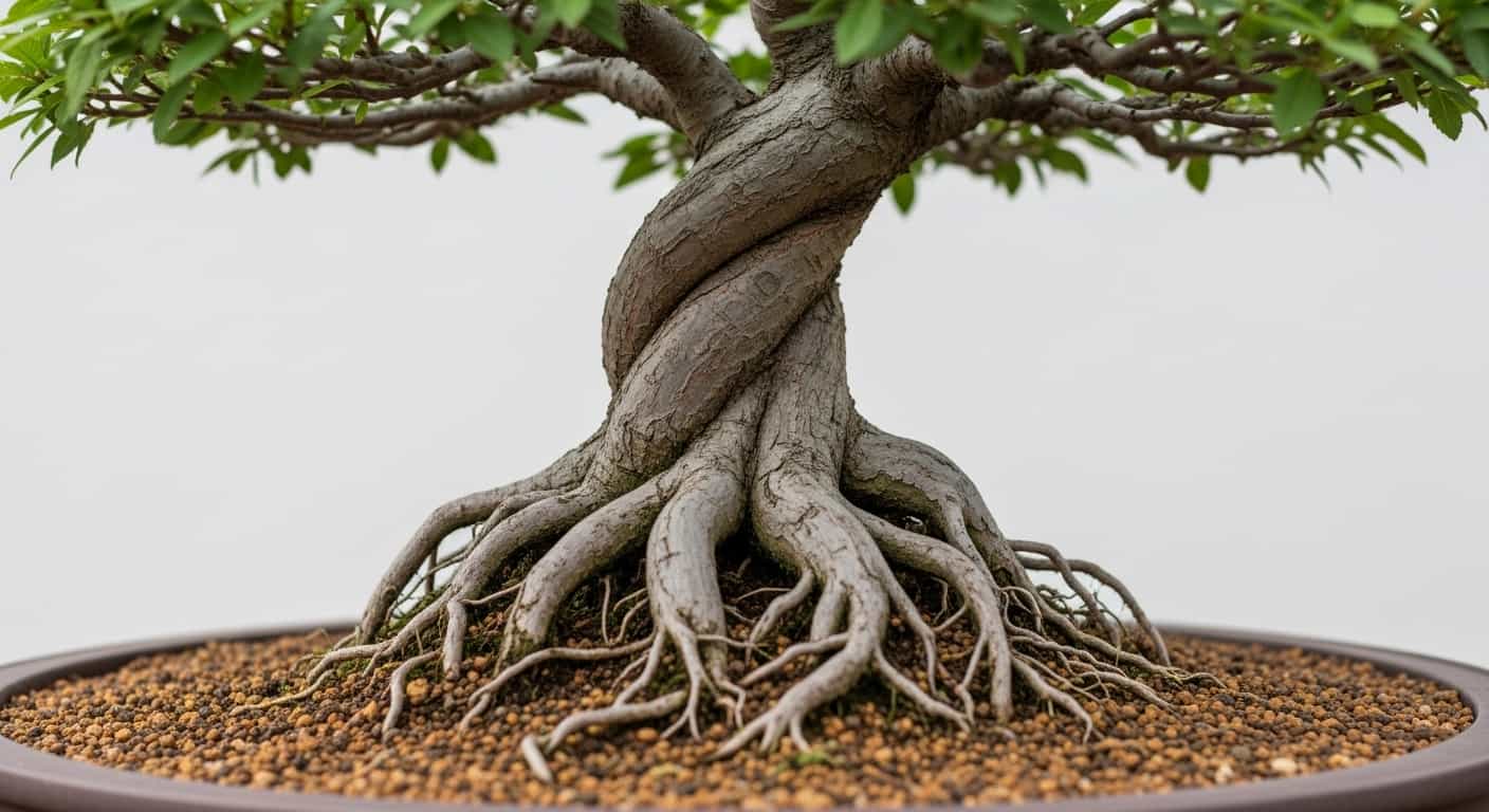 Chinese Elm bonsai healthy nebari surface roots spreading radially from trunk base on granular akadama soil