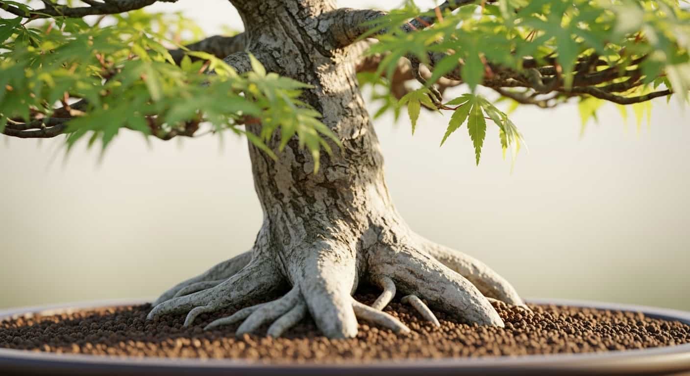 A hyper-realistic close-up photo of a healthy Japanese maple bonsai tree, focusing on its exposed nebari surface roots spreading across a granular soil mix, symbolizing the foundation of bonsai health.
