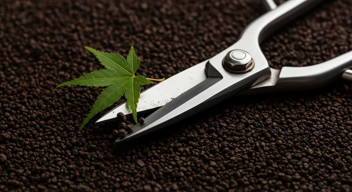 A pair of stainless steel root pruning shears resting on dark akadama soil with a single green maple leaf, symbolizing the essential practice of tool sterilization for precise and healthy bonsai root pruning.