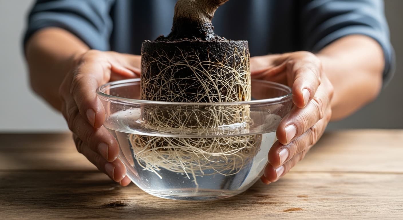 Bonsai root trimming underwater - weathered hands holding bonsai with submerged roots in glass bowl