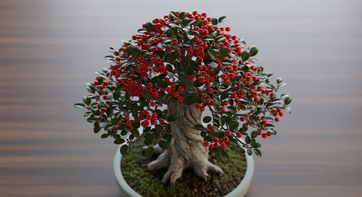 A stunning mature Cotoneaster bonsai in a shallow pot, showcasing bright red berries, fine branching, and a thick trunk, highlighting its appeal for bonsai cultivation.