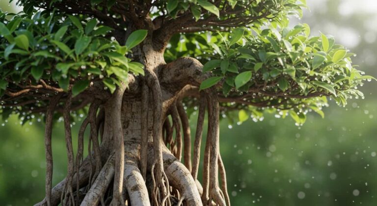 A stunning macro photograph of a mature Ficus microcarpa bonsai tree, showcasing its most dramatic feature: thick, cascading aerial roots that descend from the branches to the soil, creating a breathtaking jungle-like masterpiece in miniature.