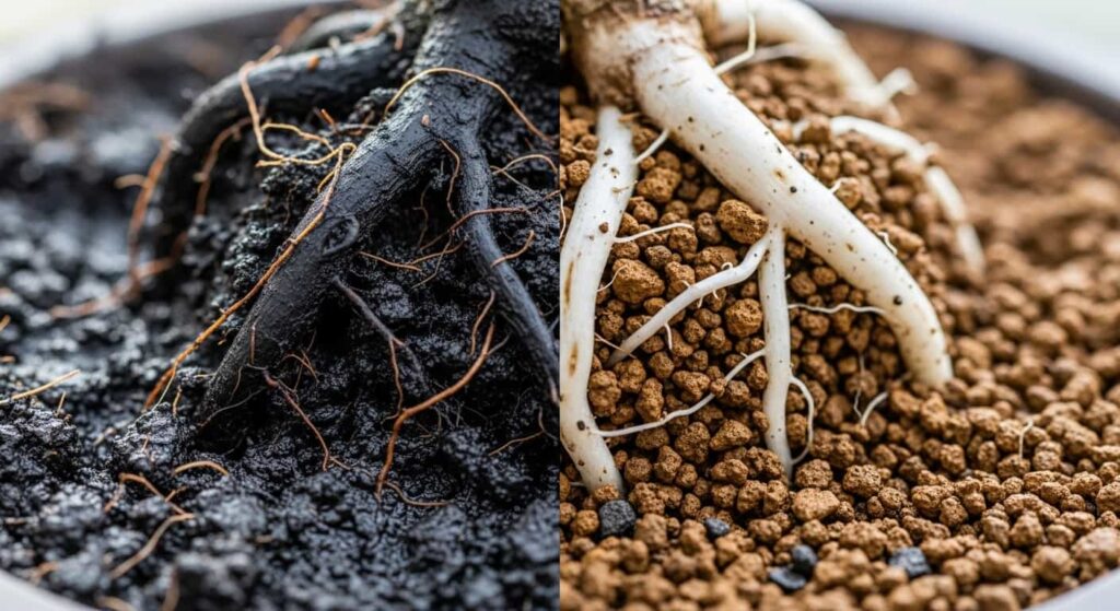 Comparison of healthy bonsai roots in granular akadama soil versus rotting roots in dense, waterlogged peat soil, highlighting the importance of drainage after root trimming.