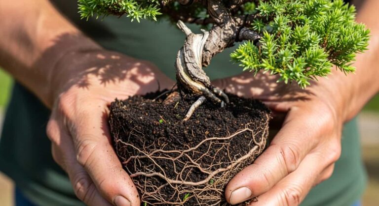 Close-up of repotting a juniper bonsai tree, showing hands working with the root ball and fresh soil.
