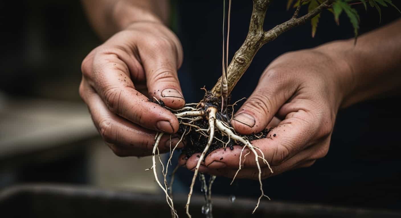 Close-up of gardener's hands gently washing the delicate white feeder roots of a Japanese maple bonsai tree with lukewarm water during safe repotting process.