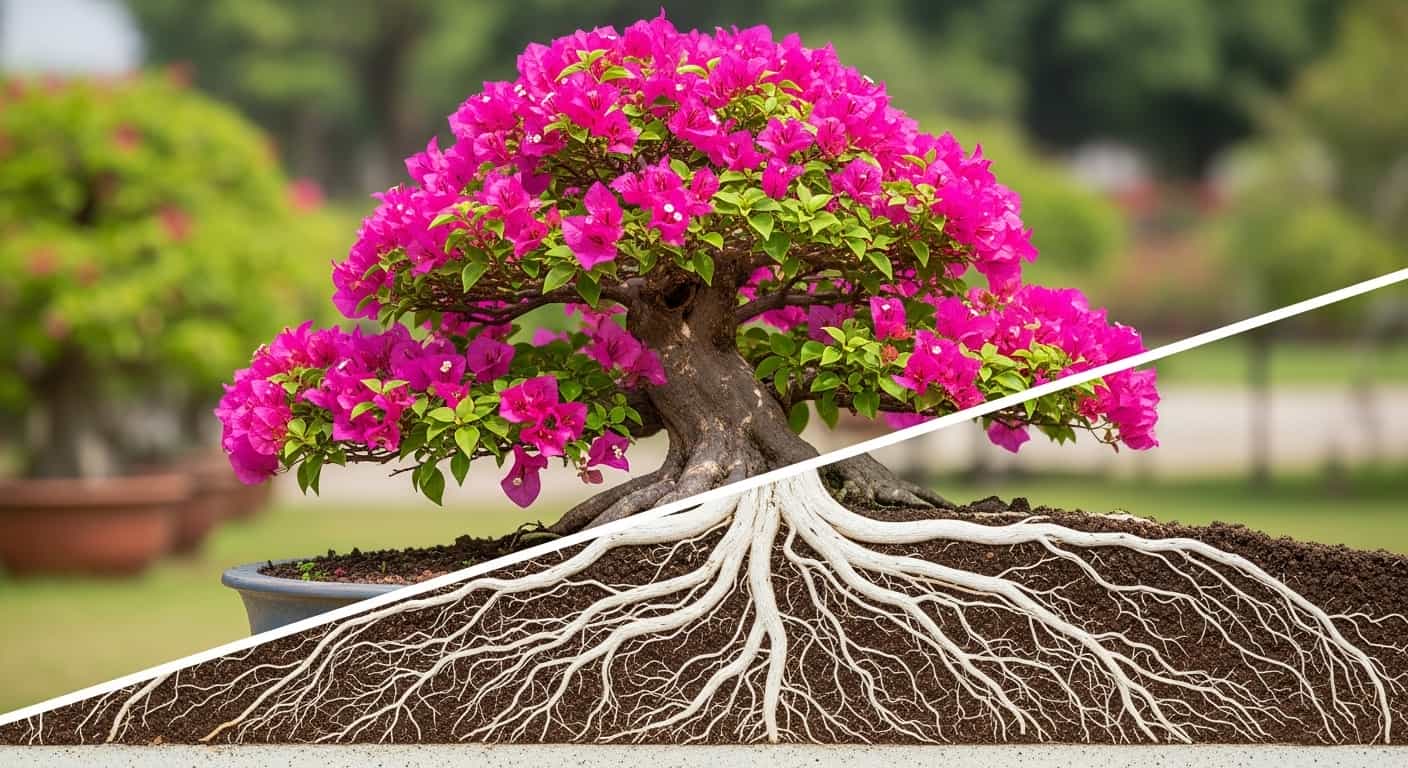 A stunning bougainvillea bonsai in full bloom, showcasing its vibrant pink flowers and a healthy, detailed root system in a cross-section view.
