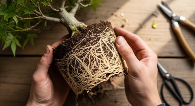 Close-up view of healthy bonsai tree roots during repotting, showing a dense network of light-colored roots held in artist's hands on a wooden workbench.