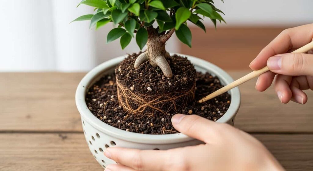 Repotting ficus bonsai in fresh well-draining soil after root rot treatment with proper drainage pot
