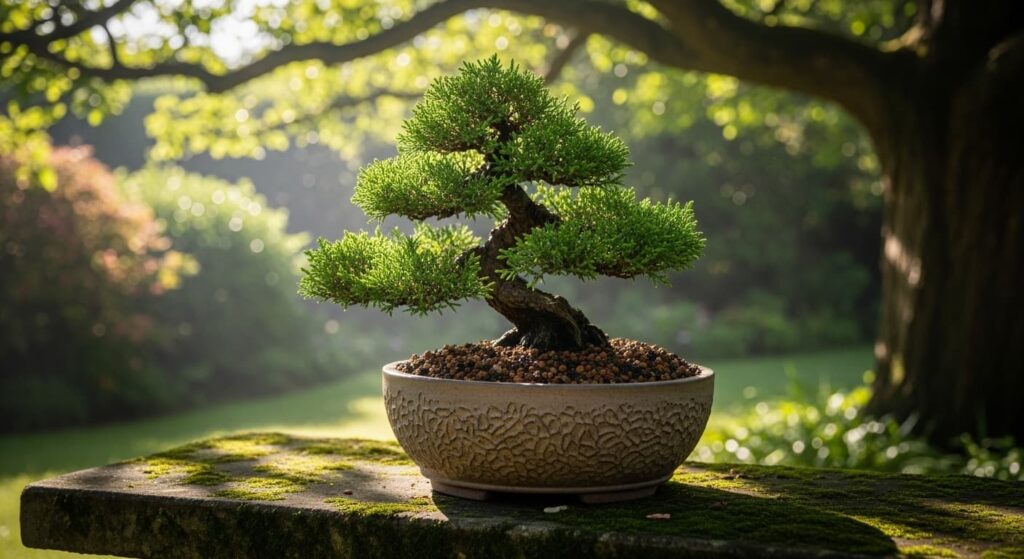Freshly repotted bonsai in shaded area during aftercare period following underwater root trimming