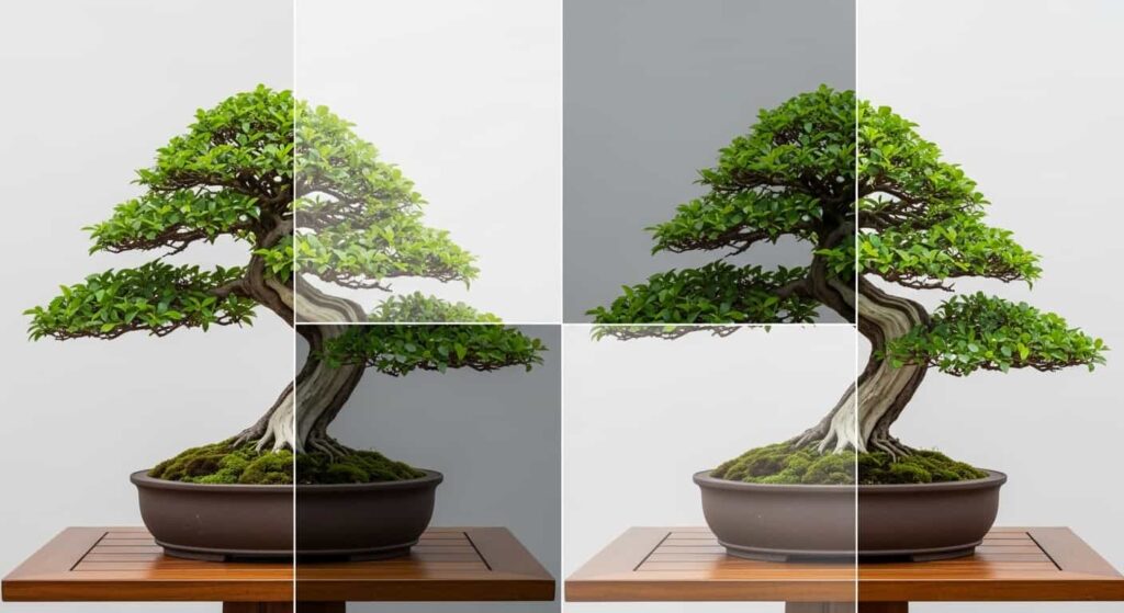 Four-season progression collage of banyan bonsai showing spring repotting, summer aerial root growth, autumn transition, and winter dormancy care