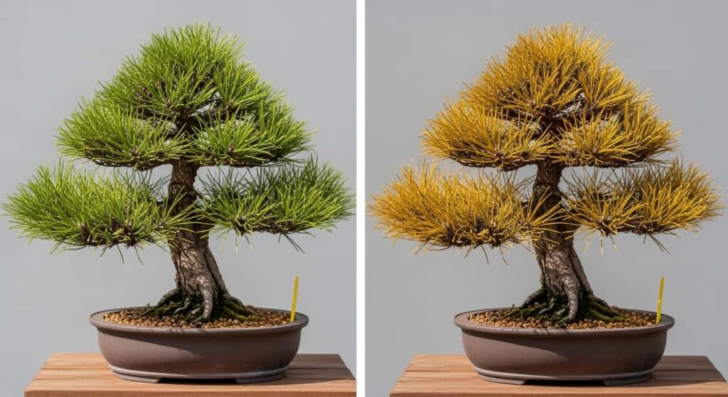 Side-by-side comparison of healthy pine bonsai and stressed pine with yellowing needles showing effects of improper root pruning