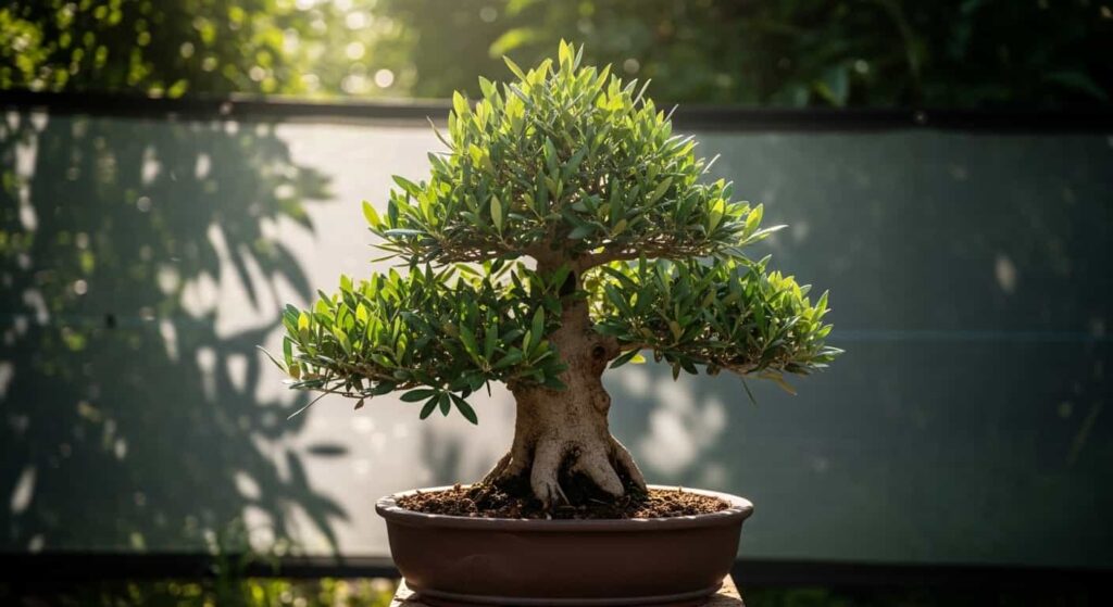 Freshly repotted olive bonsai placed in dappled shade for recovery period, protected from direct afternoon sun
