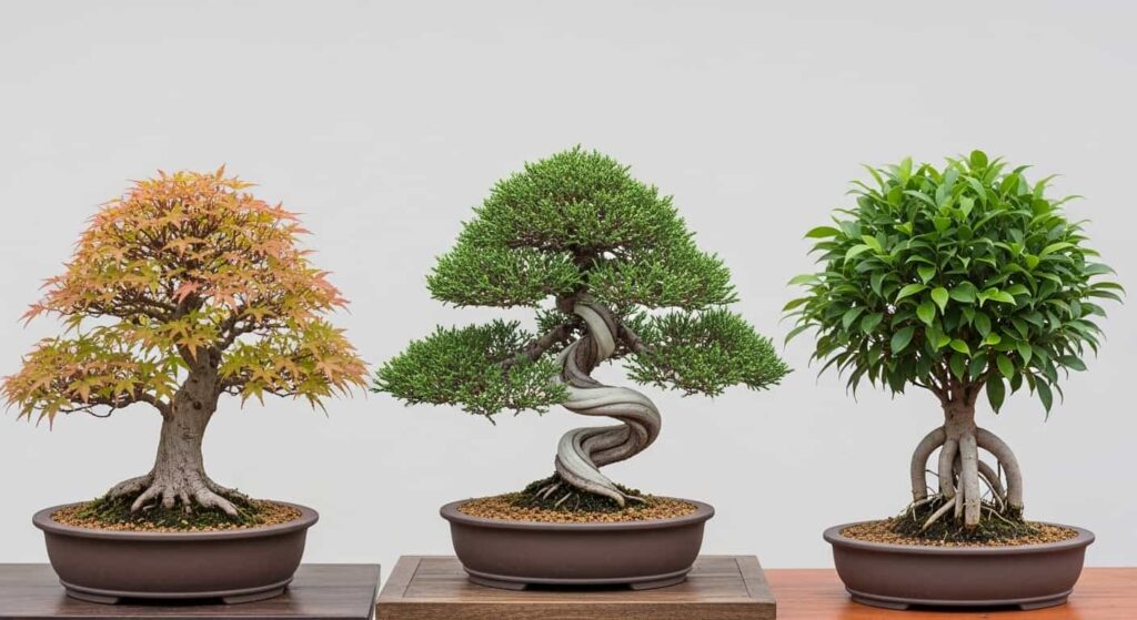 Three bonsai trees showing different species — maple, juniper, and ficus — demonstrating varying root pruning timing requirements