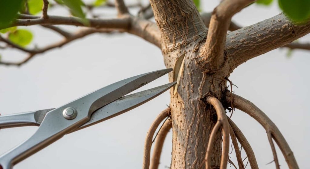 Selective pruning of banyan bonsai aerial roots with precision scissors showing clean cut technique near branch origin