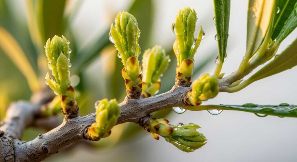 New green shoots emerging on olive bonsai branch after successful repotting recovery, indicating healthy root regeneration