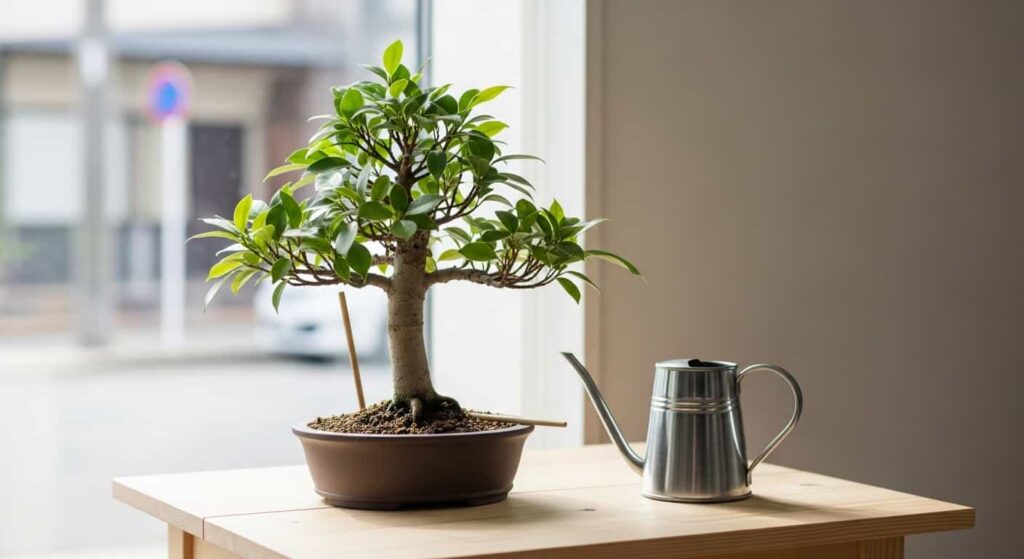 Ficus bonsai recovering from root rot placed in bright indirect light with chopstick for soil moisture testing