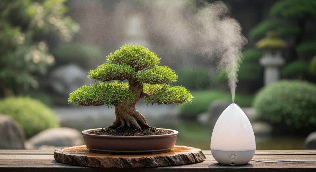 Newly root-pruned bonsai in recovery phase placed in sheltered location with indirect light and humidity