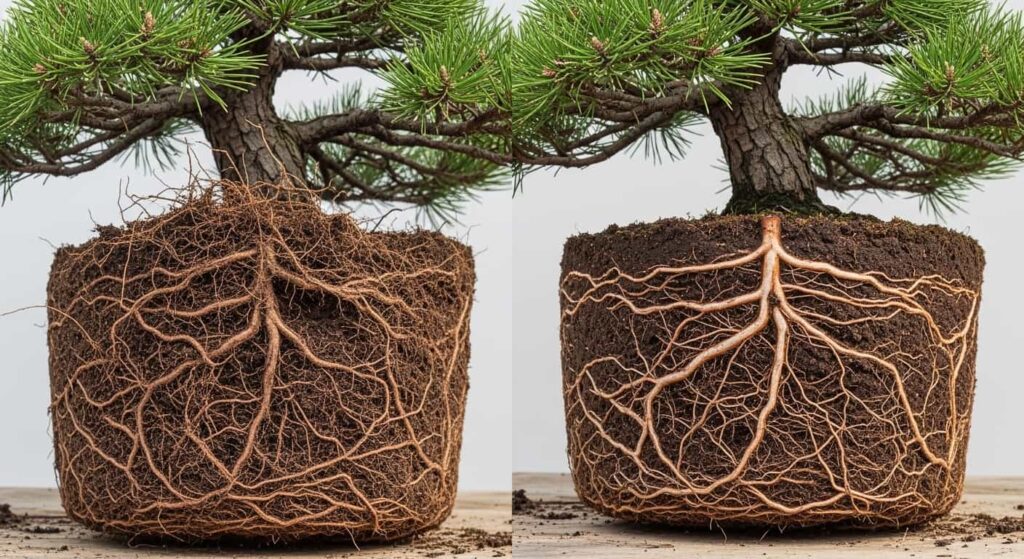 Split comparison of pine bonsai root system before pruning showing dense overgrowth and after pruning showing clean radial structure