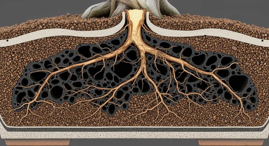 Cross-section showing dangerous air pockets in bonsai soil around roots, demonstrating common repotting mistake that causes root death
