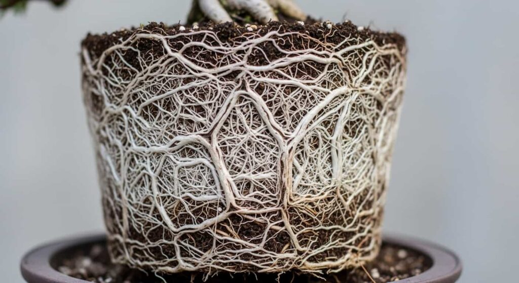 Dense tangled pot-bound bonsai roots circling inside old container shape
