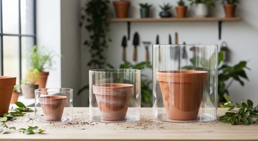 Visual size guide for root washing containers, showing small, medium, and large terracotta pots next to transparent bins that are two to three times their diameter for effective root cleaning.