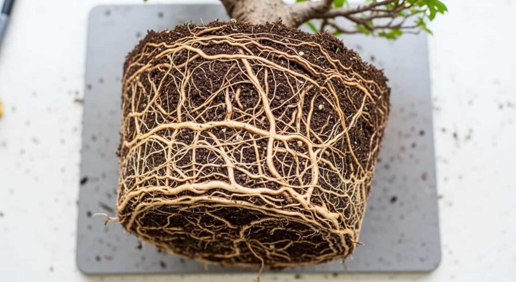 Top-down view of a pot-bound trident maple bonsai root system showing dense, circling roots that have taken the shape of the container.