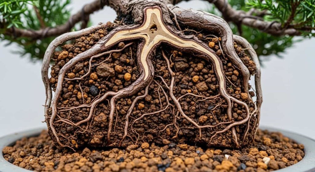 Cross-section of a rootbound juniper bonsai showing tightly circled roots and compacted soil.