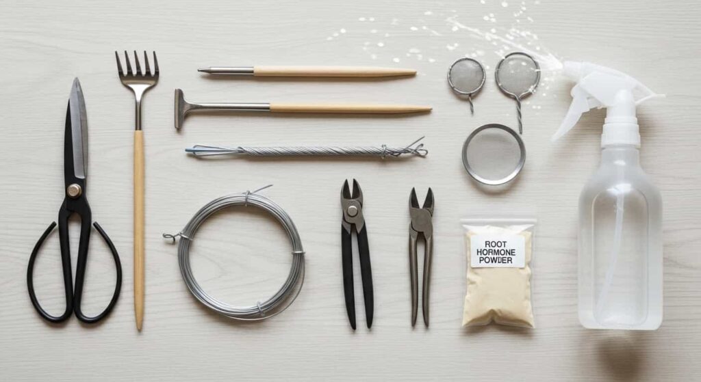 A flat lay of essential bonsai repotting tools including shears, root rake, wire, and mesh screens on a wooden table.