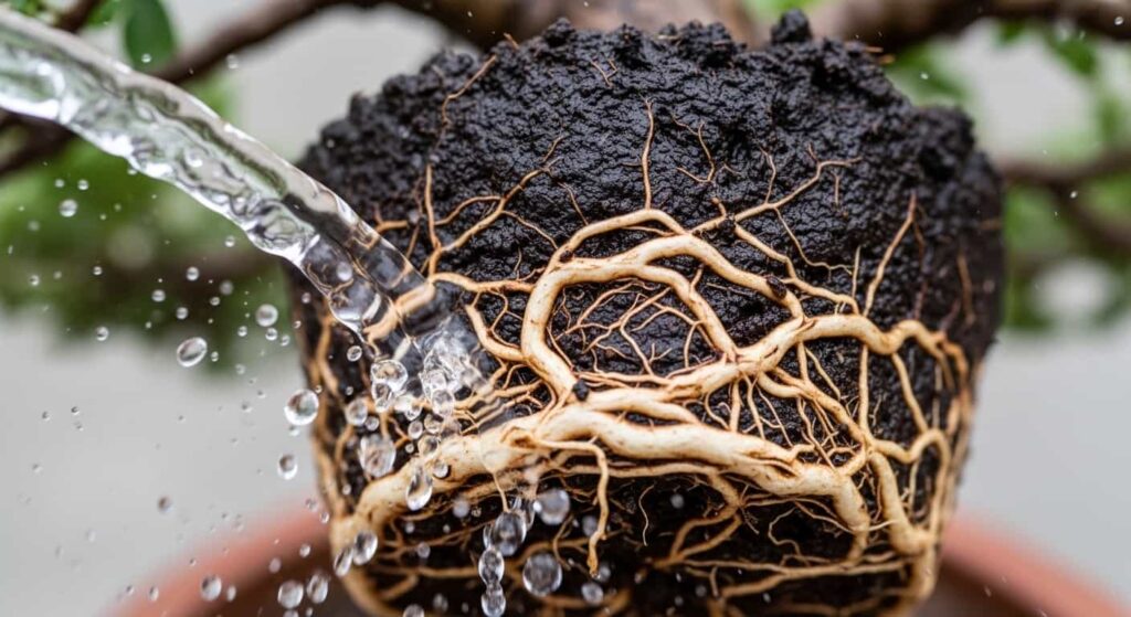 Close-up of a bonsai root ball being washed with water, removing old soil to expose healthy roots.
